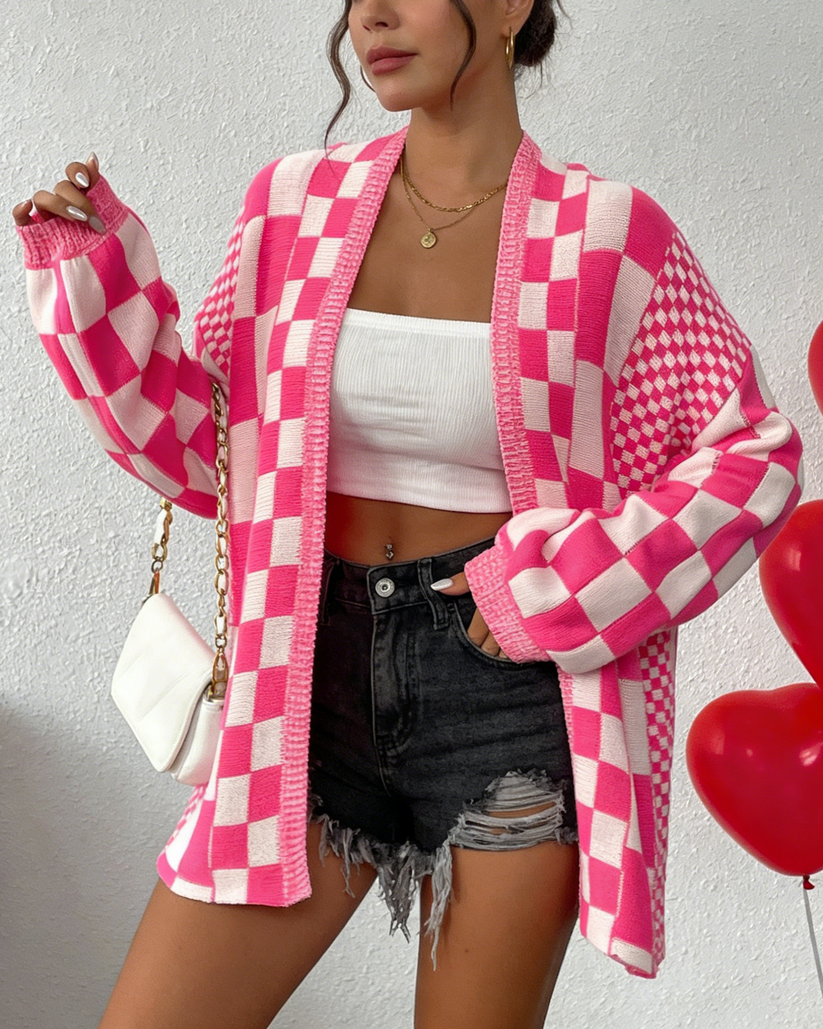 Checkerboard Knit Open Front Slouchy Cardigan - RosePink - 2