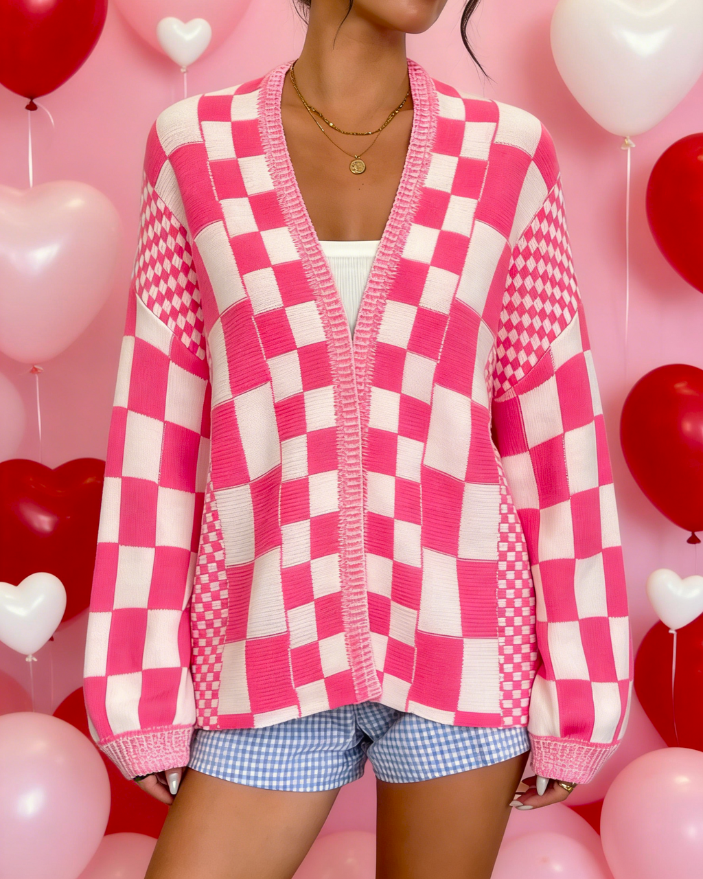 Checkerboard Knit Open Front Slouchy Cardigan - RosePink - 3