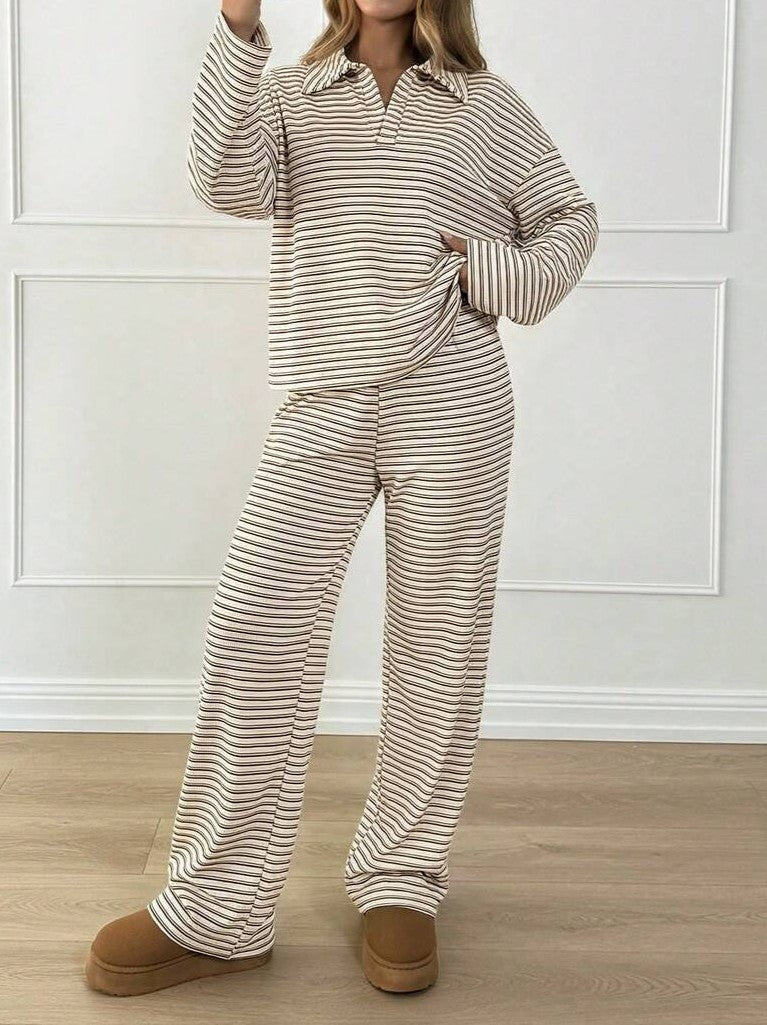 Striped Knit Polo Top And Wide Leg Pant Set - Apricot