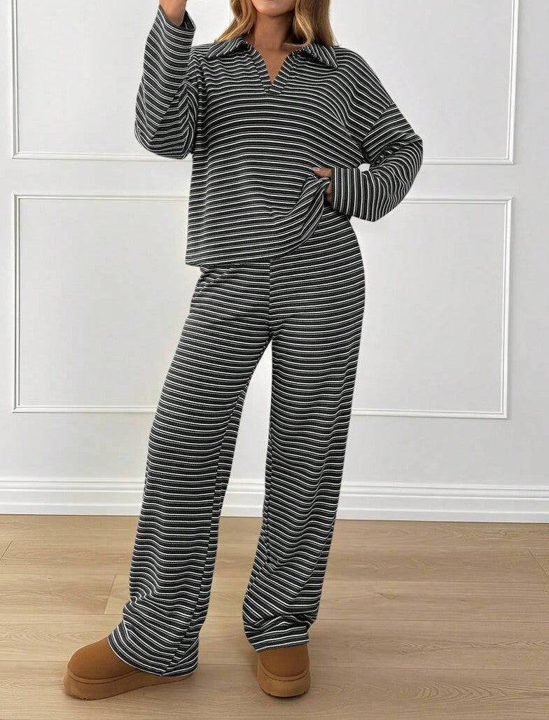 Striped Knit Polo Top And Wide Leg Pant Set - Black