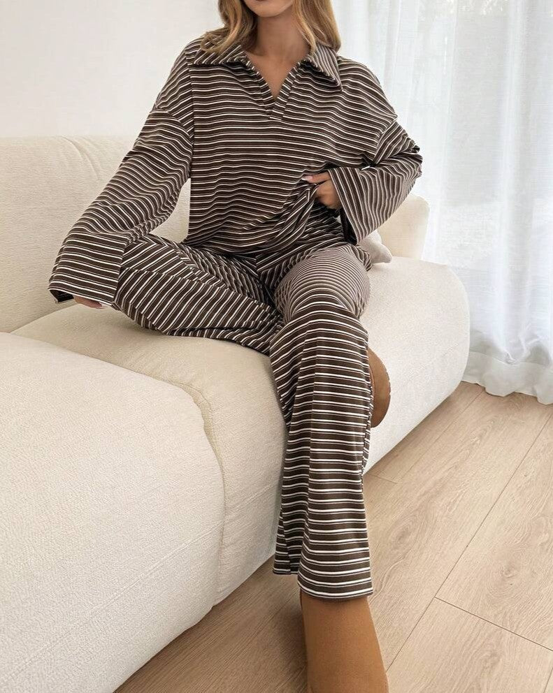 Striped Knit Polo Top And Wide Leg Pant Set - Brown
