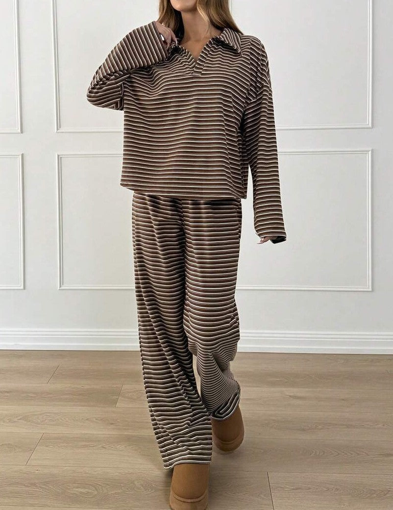 Striped Knit Polo Top And Wide Leg Pant Set - Brown - 2