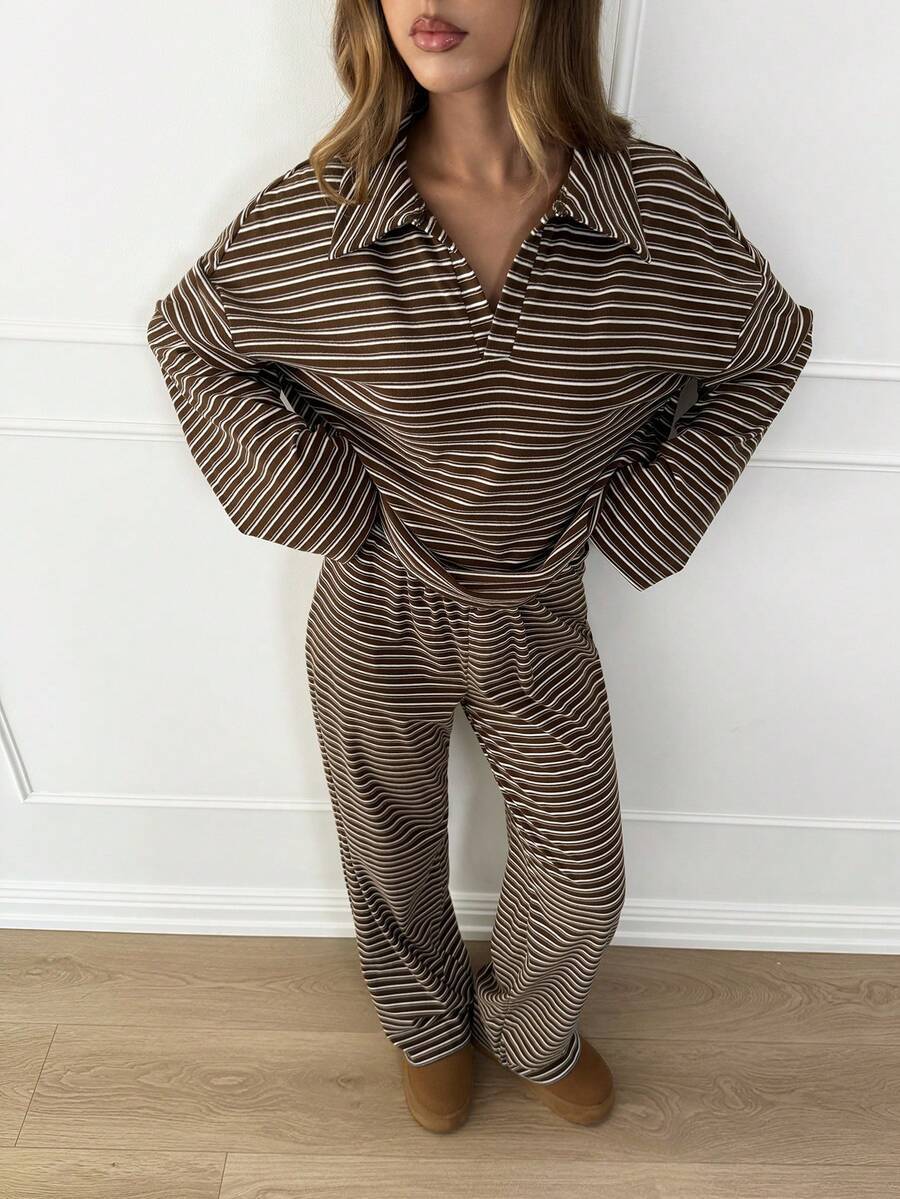 Striped Knit Polo Top And Wide Leg Pant Set - Brown - 3