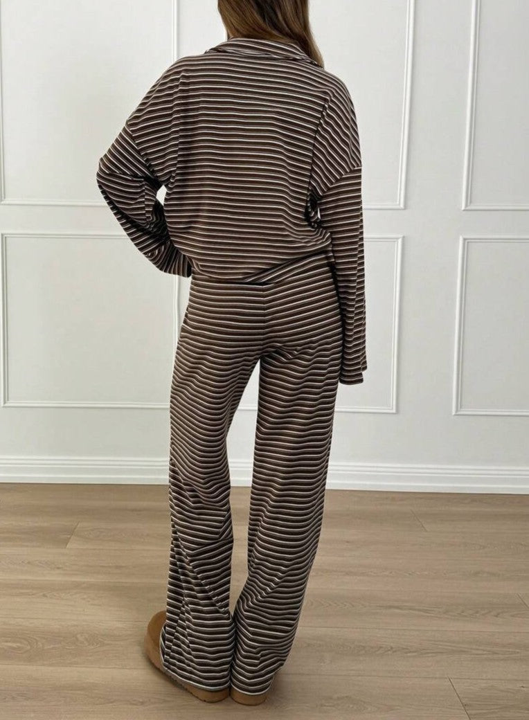 Striped Knit Polo Top And Wide Leg Pant Set - Brown - 4