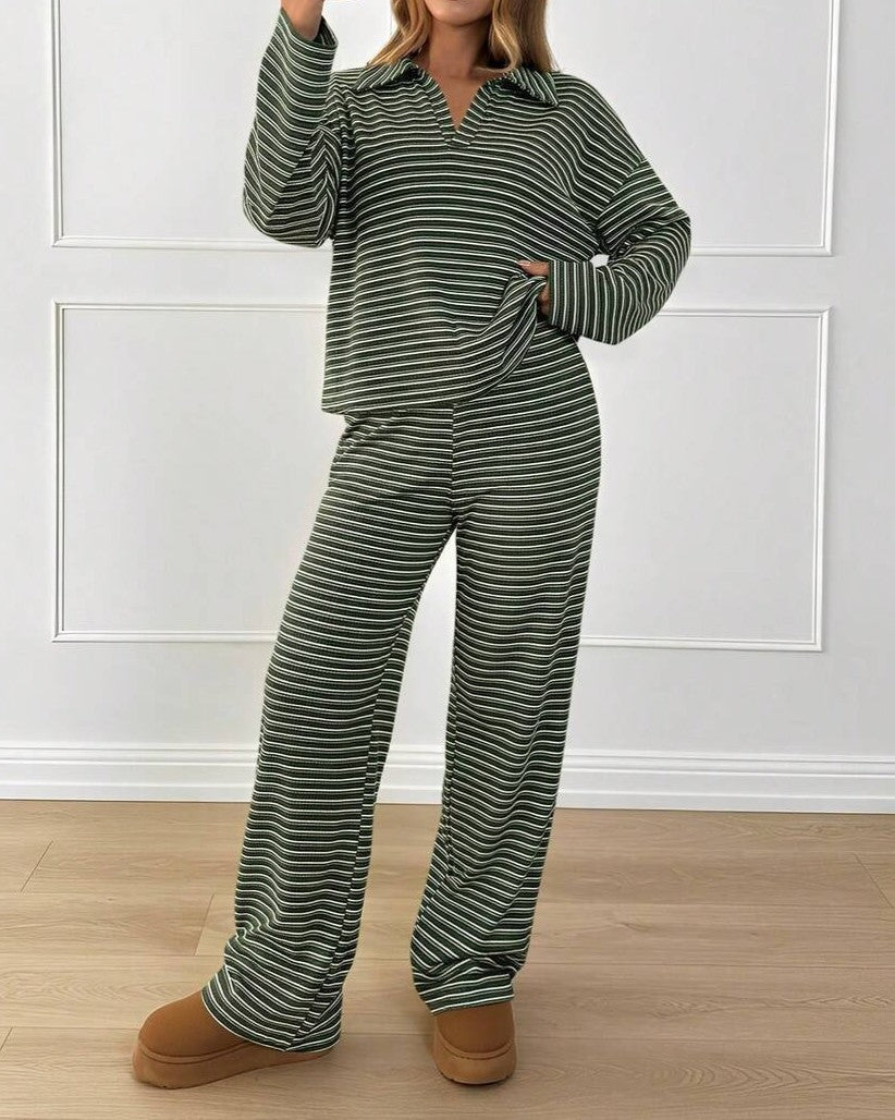 Striped Knit Polo Top And Wide Leg Pant Set - Green