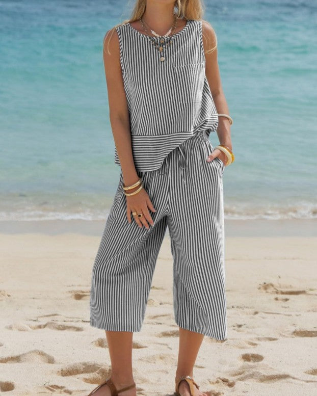 Woven Stripe Tank And Wide Leg Pant Set - Black