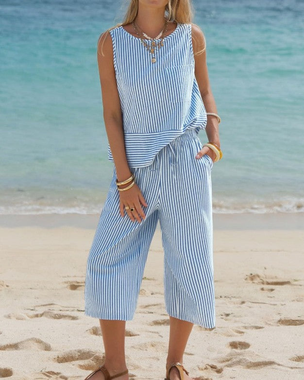 Woven Stripe Tank And Wide Leg Pant Set - Blue
