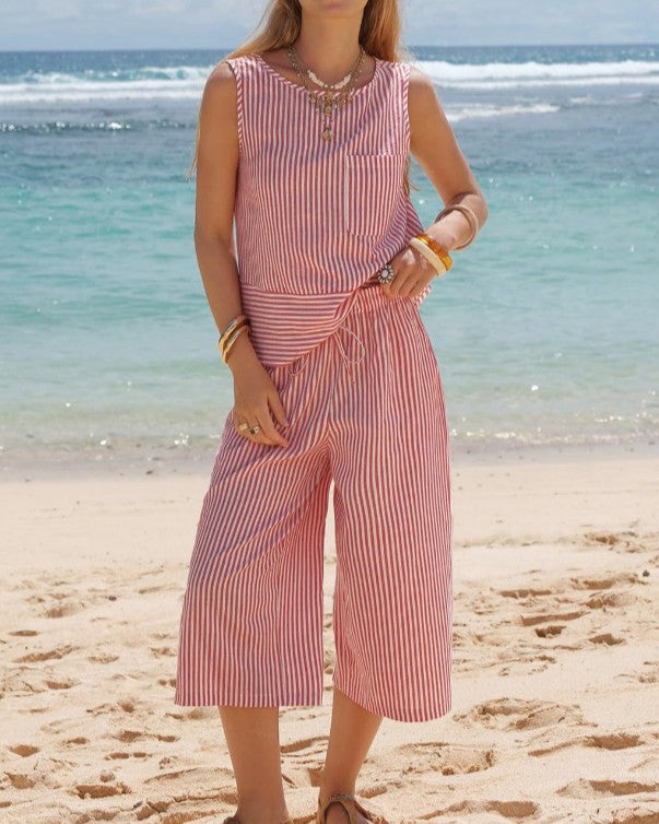 Woven Stripe Tank And Wide Leg Pant Set - Red