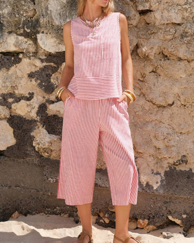 Woven Stripe Tank And Wide Leg Pant Set - Red - 2