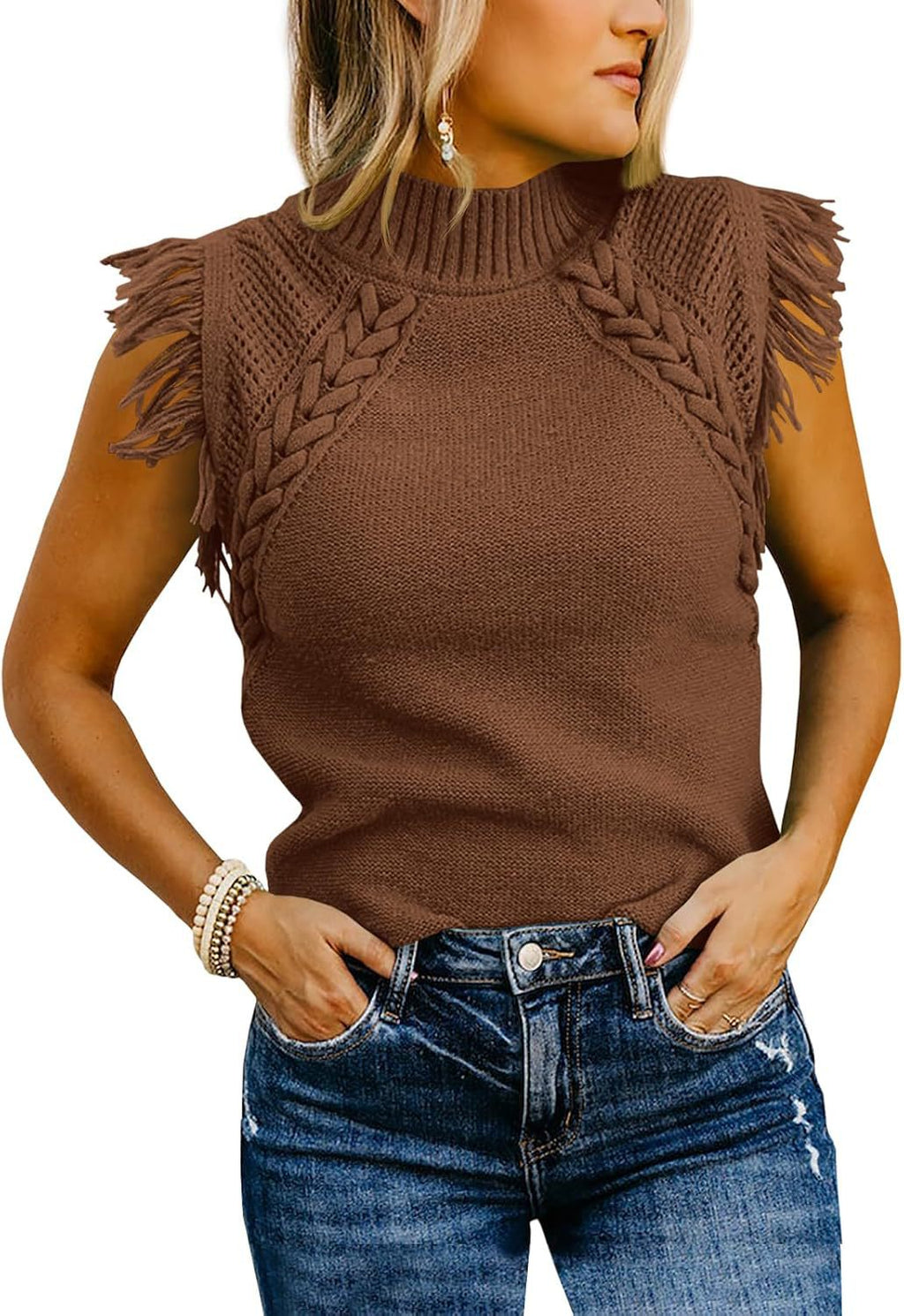 Fringe Trim Mock Neck Knit Vest - Coffee
