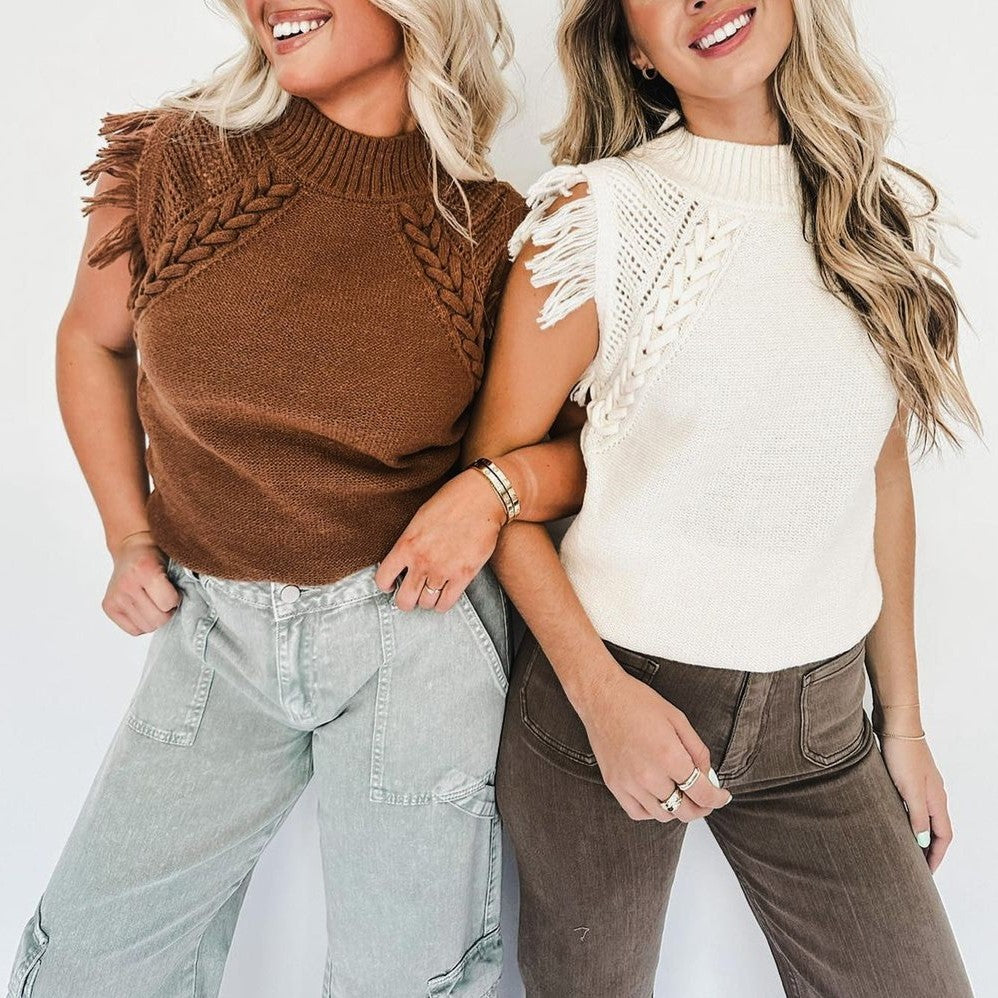 Fringe Trim Mock Neck Knit Vest - Coffee - 1