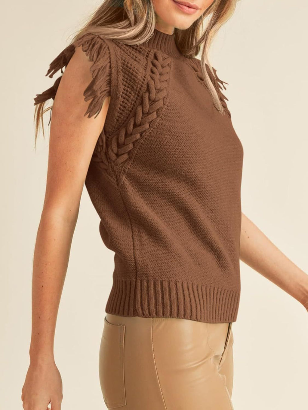 Fringe Trim Mock Neck Knit Vest - Coffee - 2