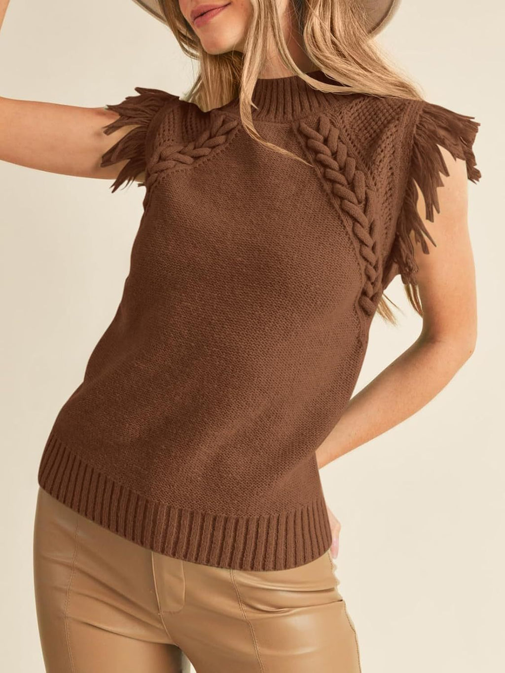 Fringe Trim Mock Neck Knit Vest - Coffee - 3