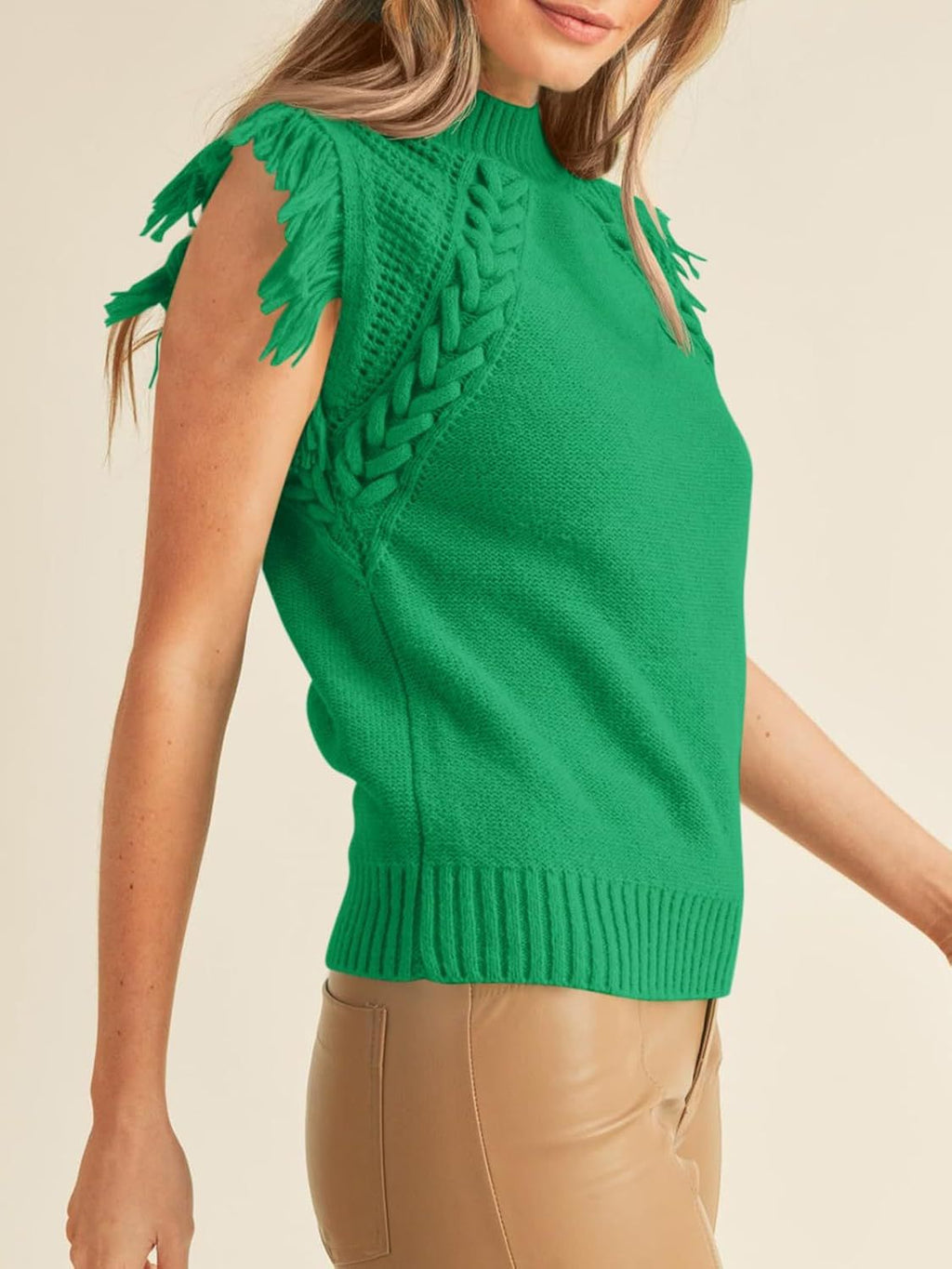 Fringe Trim Mock Neck Knit Vest - Green - 1