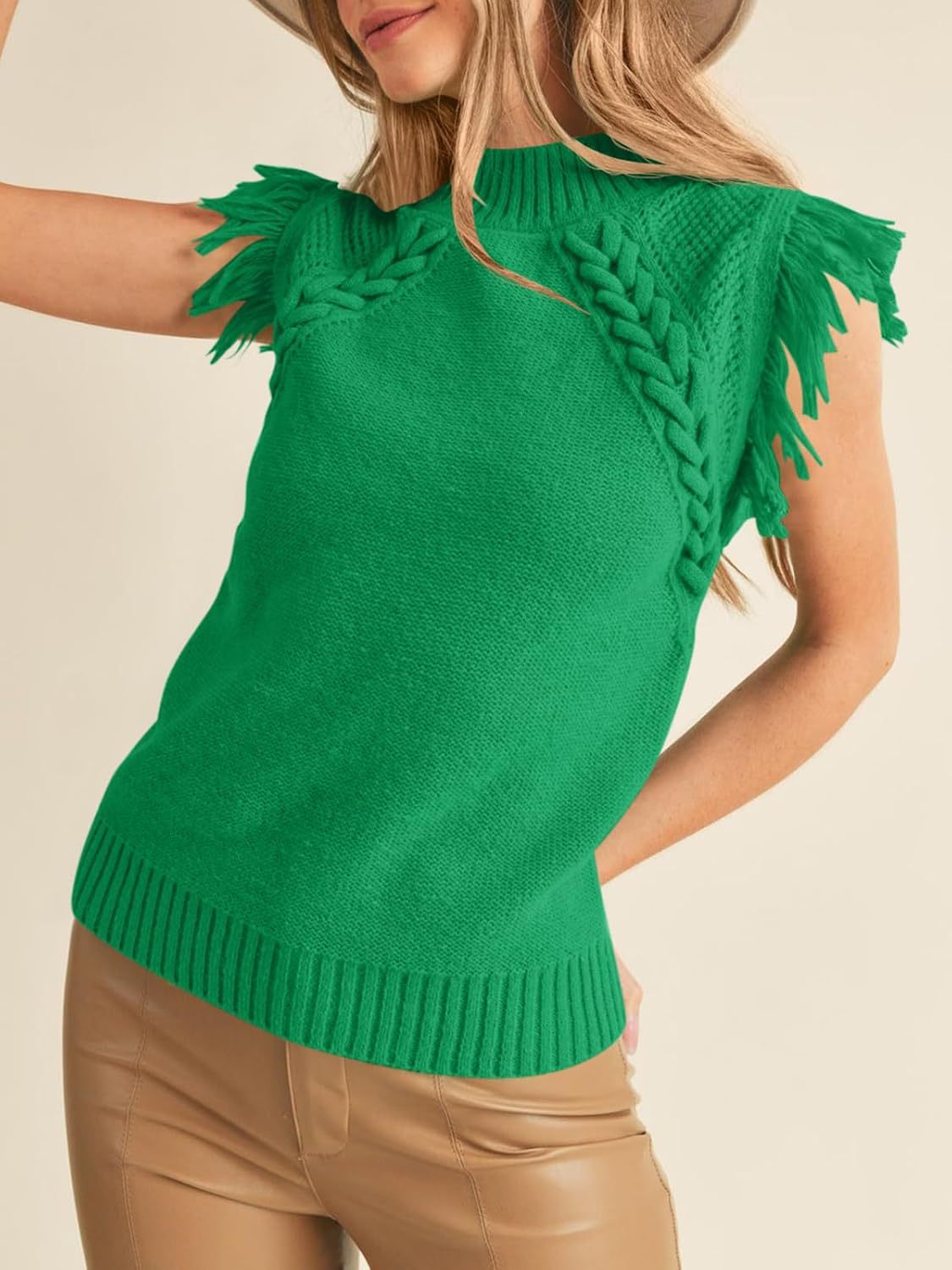 Fringe Trim Mock Neck Knit Vest - Green - 2