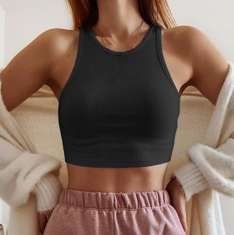 Ribbed High Neck Cropped Tank Top - Black - 1