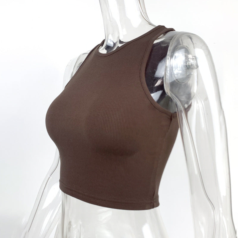 Ribbed High Neck Cropped Tank Top - Coffee - 1