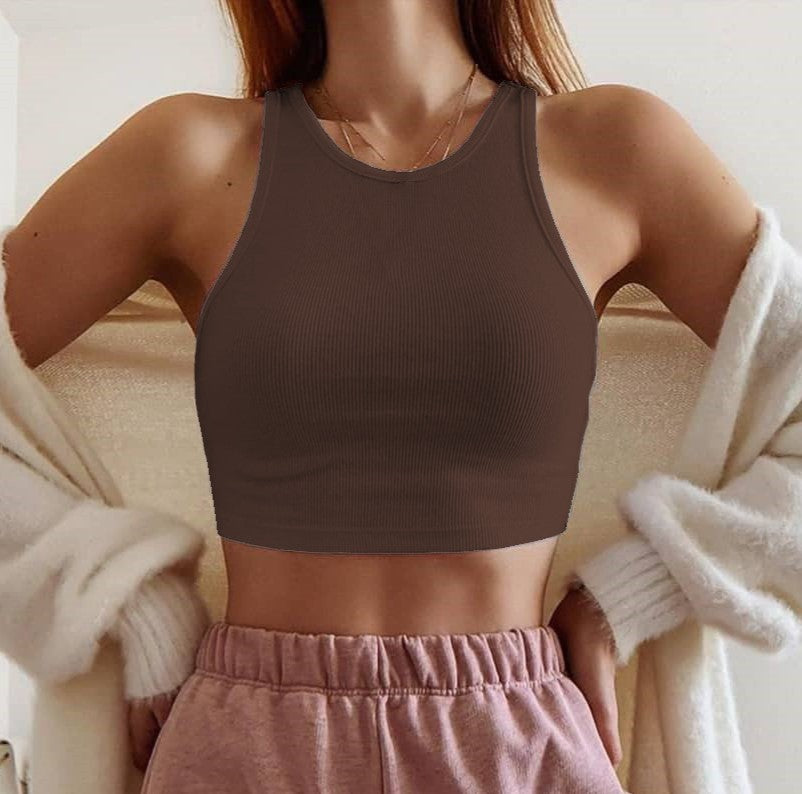 Ribbed High Neck Cropped Tank Top - Coffee - 2