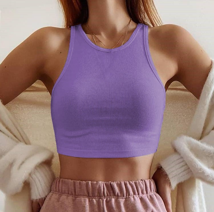 Ribbed High Neck Cropped Tank Top - Purple - 1