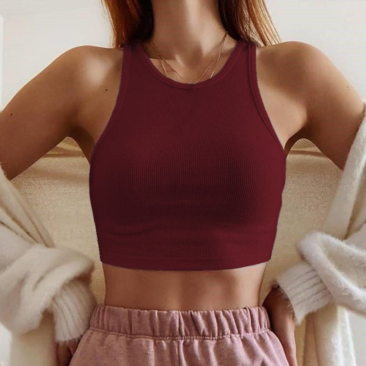 Ribbed High Neck Cropped Tank Top - Winered - 1