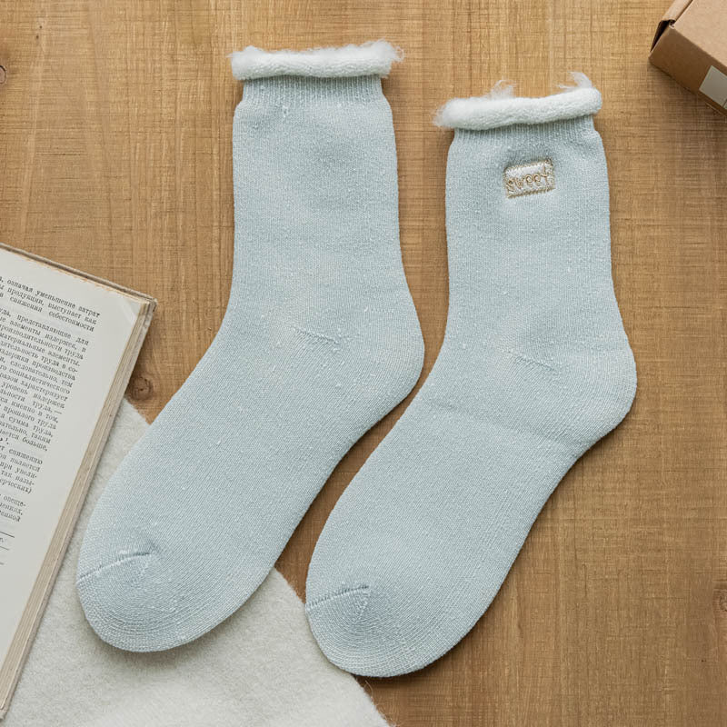 Fleece Lined Faux Fur Cuff Socks - Green