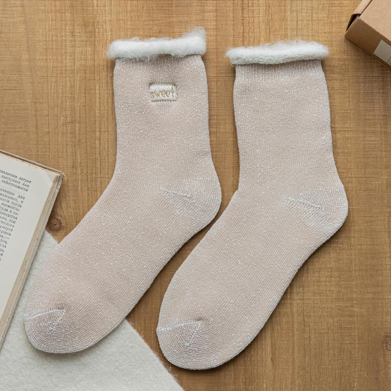 Fleece Lined Faux Fur Cuff Socks - LightCoffee