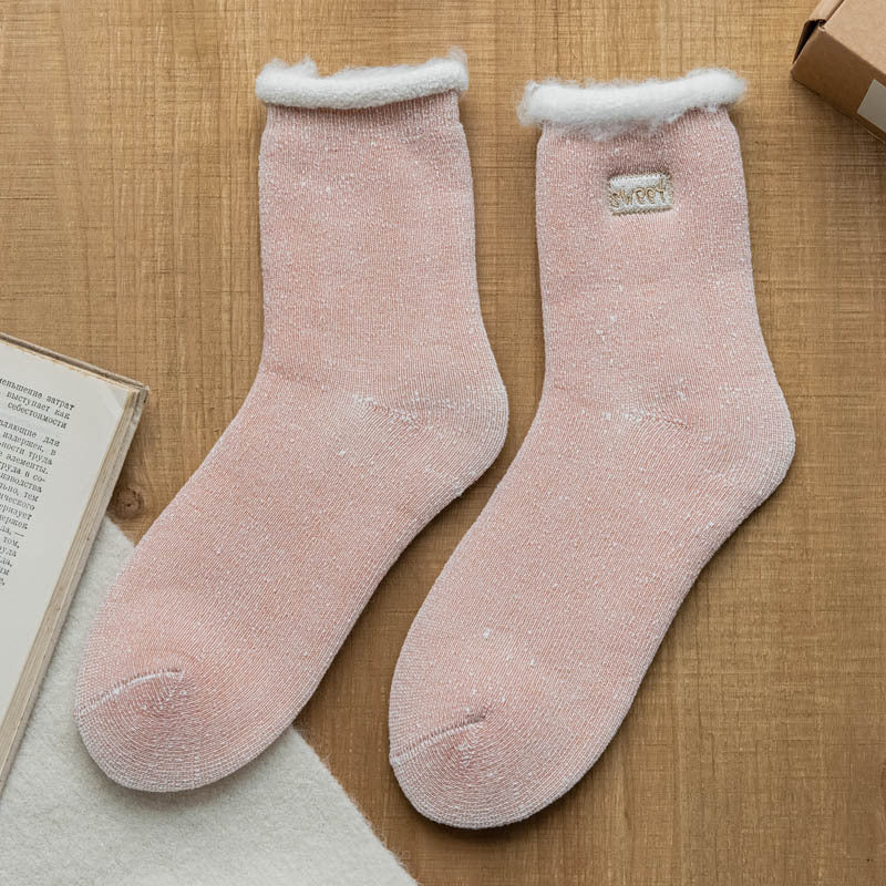 Fleece Lined Faux Fur Cuff Socks - Red