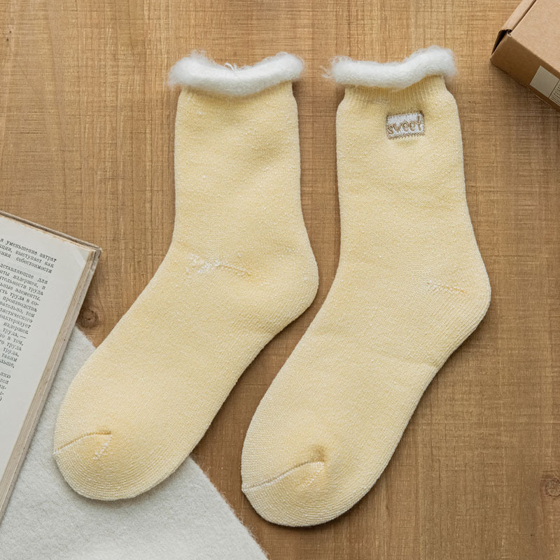 Fleece Lined Faux Fur Cuff Socks - Yellow