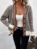 Houndstooth Check Button Front Knit Sweater - Brown