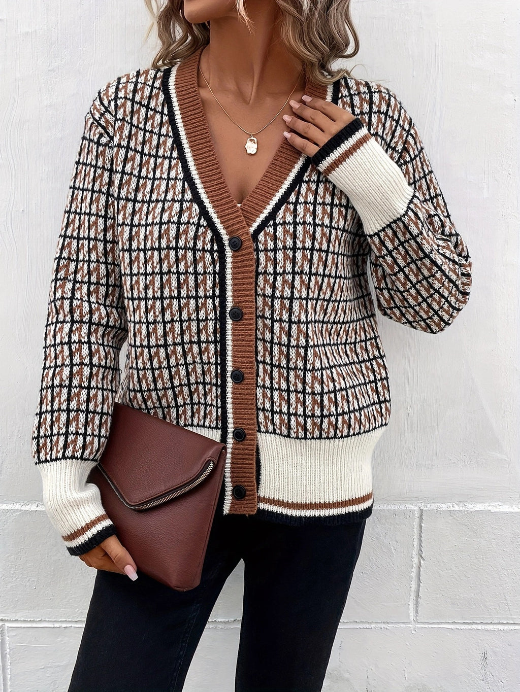Houndstooth Check Button Front Knit Sweater