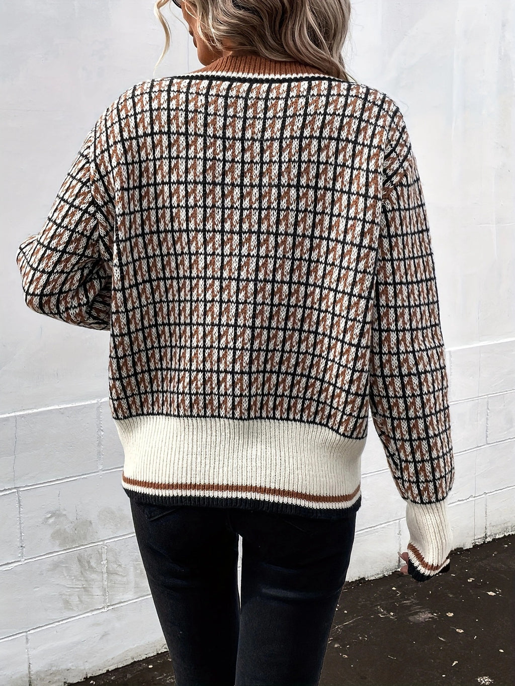 Houndstooth Check Button Front Knit Sweater - view 1