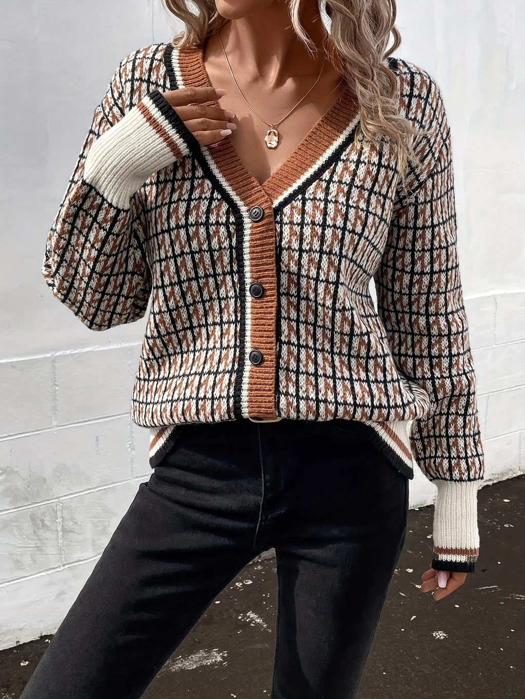 Houndstooth Check Button Front Knit Sweater - view 2