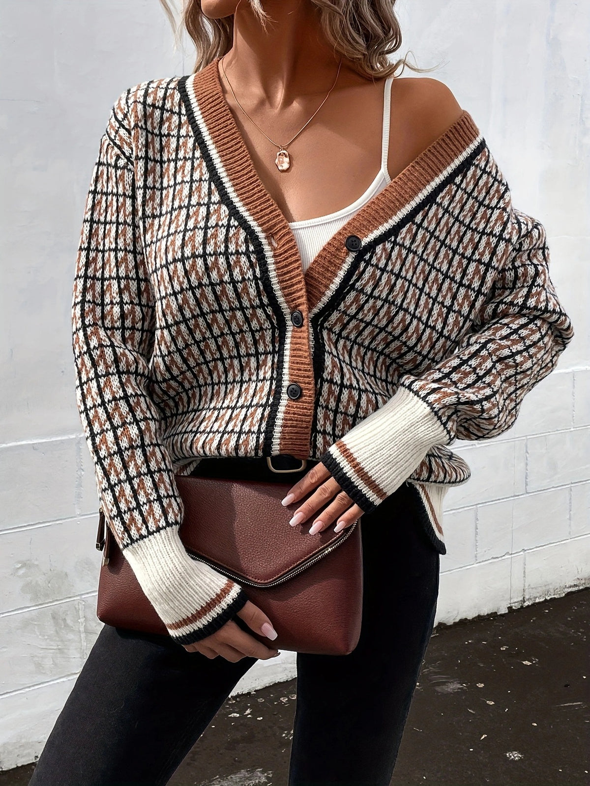 Houndstooth Check Button Front Knit Sweater - view 3