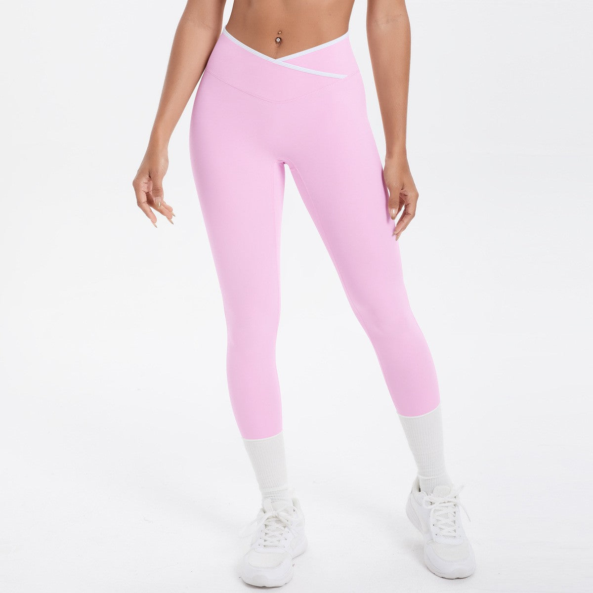 Contrast Trim Crossover High Waist 7/8 Yoga Leggings - Baby Pink