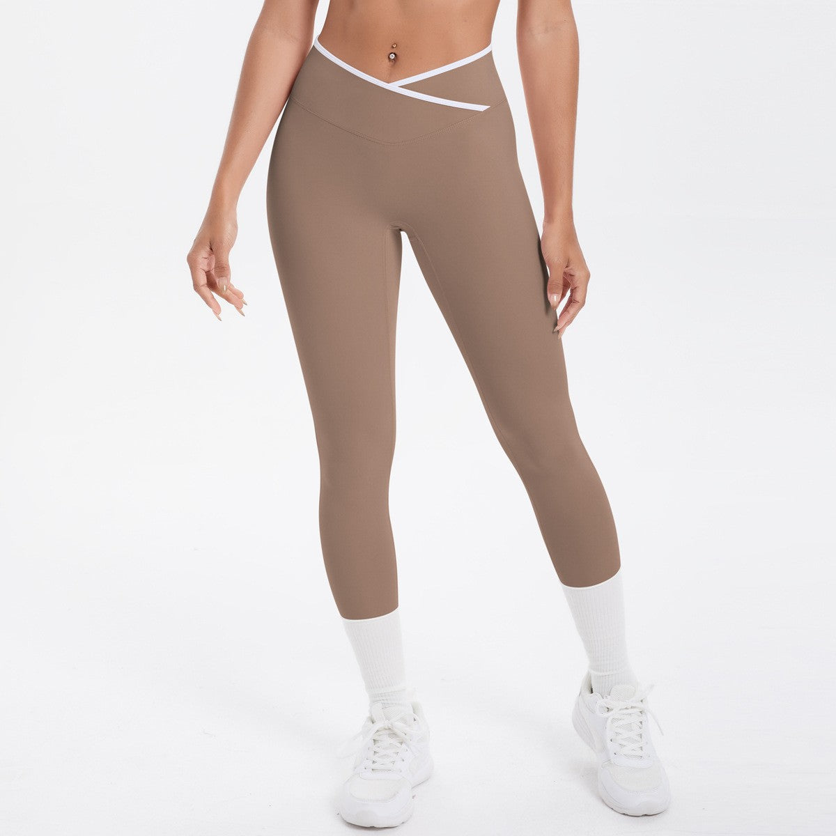 Contrast Trim Crossover High Waist 7/8 Yoga Leggings - Cocoa