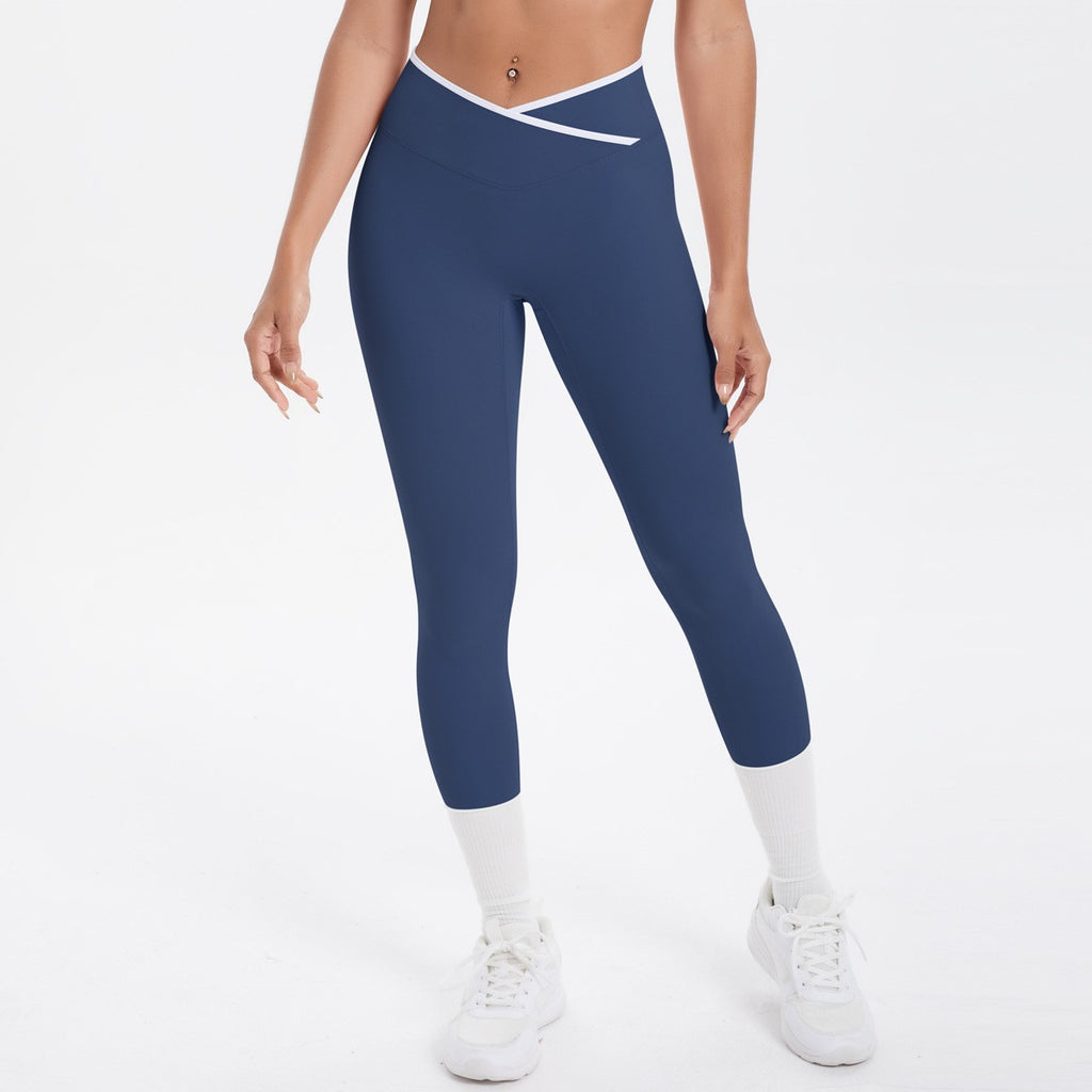 Contrast Trim Crossover High Waist 7/8 Yoga Leggings - Navy
