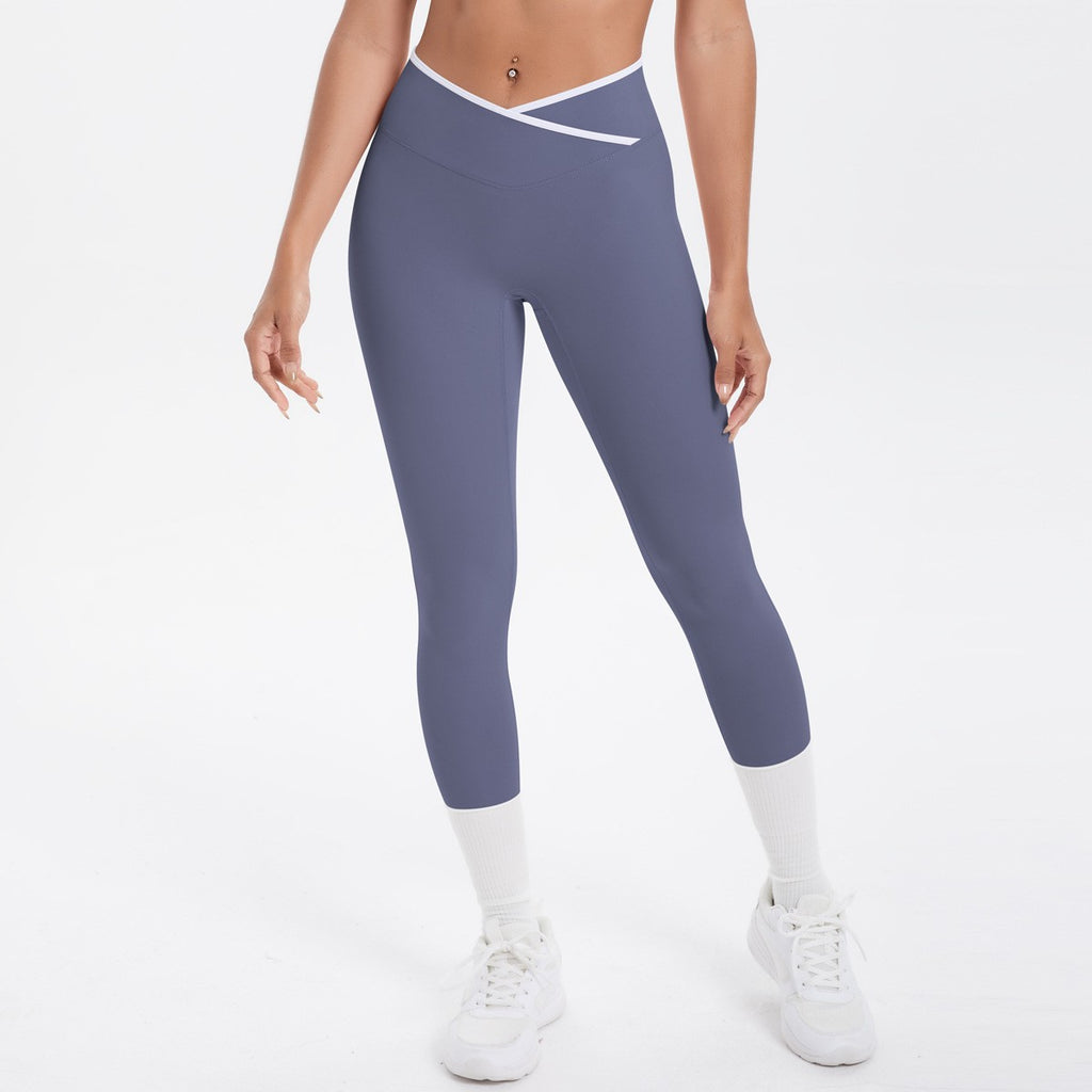 Contrast Trim Crossover High Waist 7/8 Yoga Leggings - Slate Blue