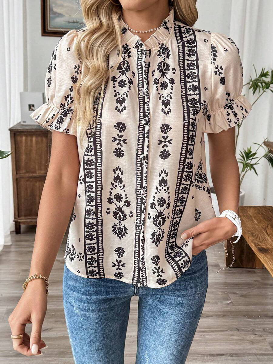 Folk Print Ruffle Short Sleeve Blouse - Floral
