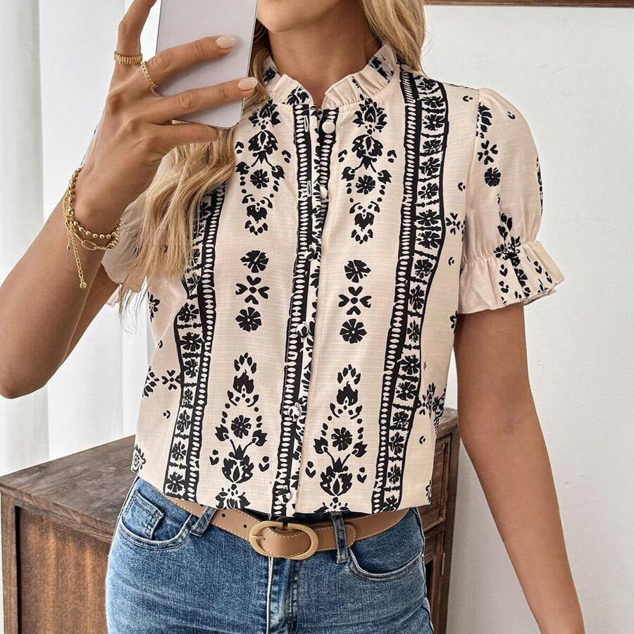 Folk Print Ruffle Short Sleeve Blouse - Floral - 1