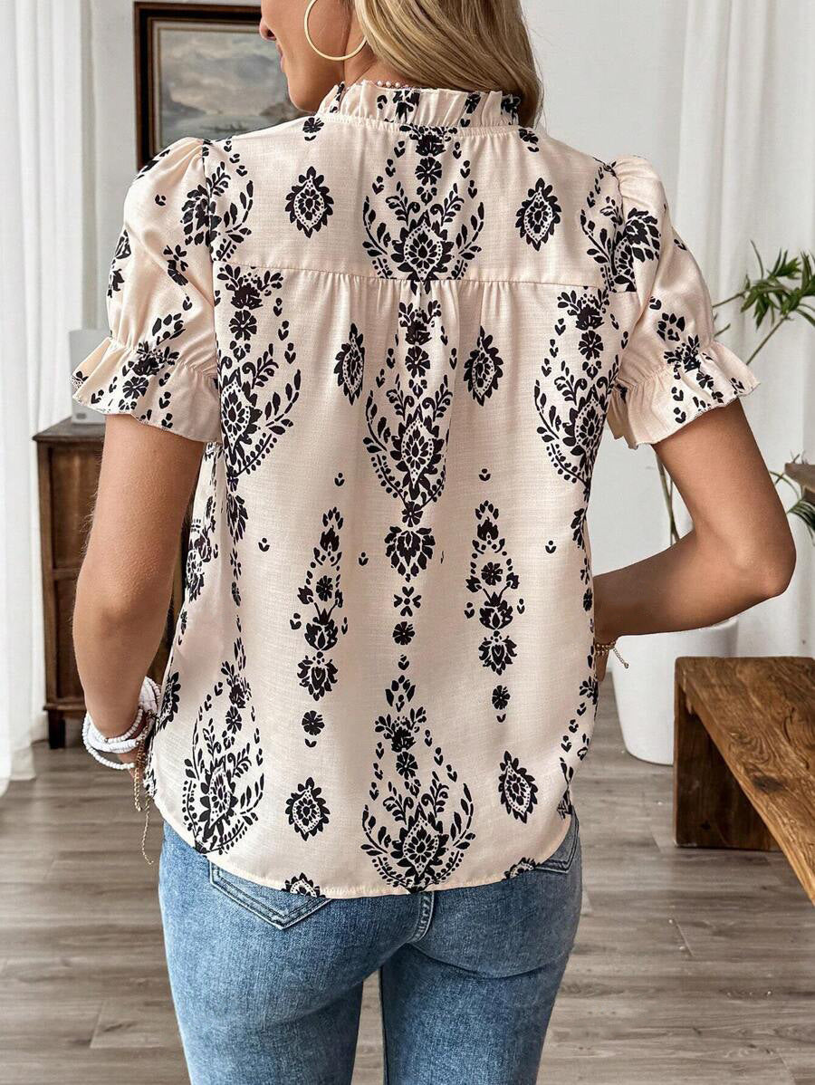 Folk Print Ruffle Short Sleeve Blouse - Floral - 2