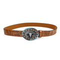 Longhorn Concho Buckle Tooled Leather Belt - Camel
