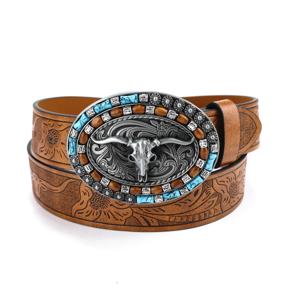 Longhorn Concho Buckle Tooled Leather Belt - Camel - 1