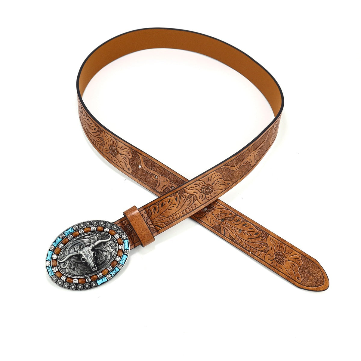 Longhorn Concho Buckle Tooled Leather Belt - Camel - 2