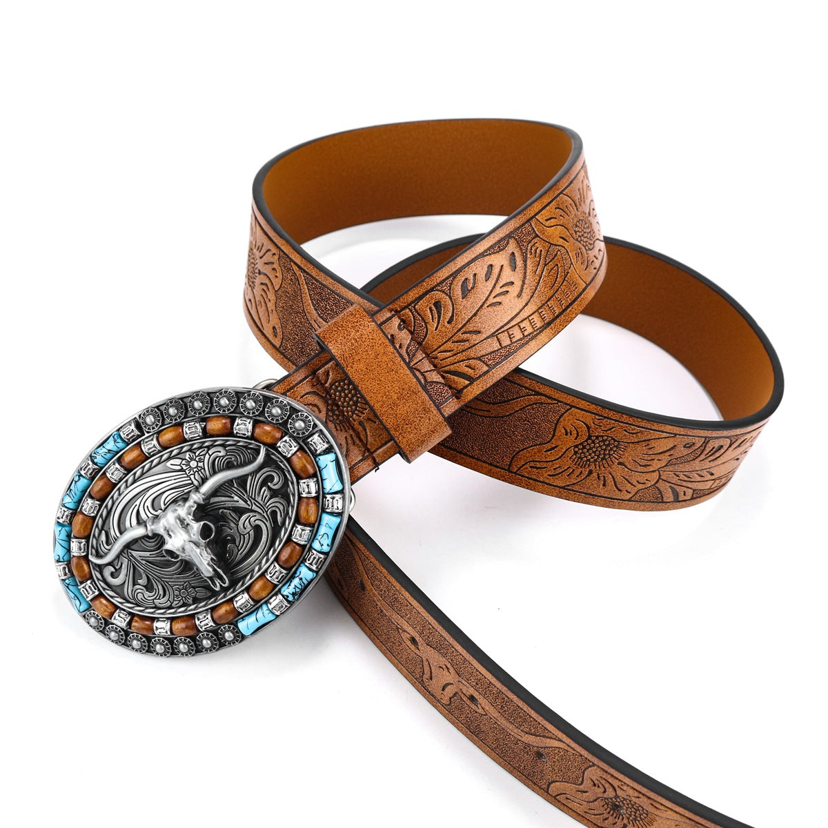 Longhorn Concho Buckle Tooled Leather Belt - Camel - 3