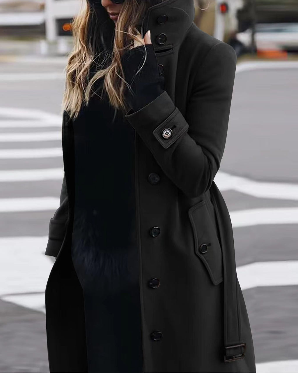 Double Breasted Longline Belted Coat - Black