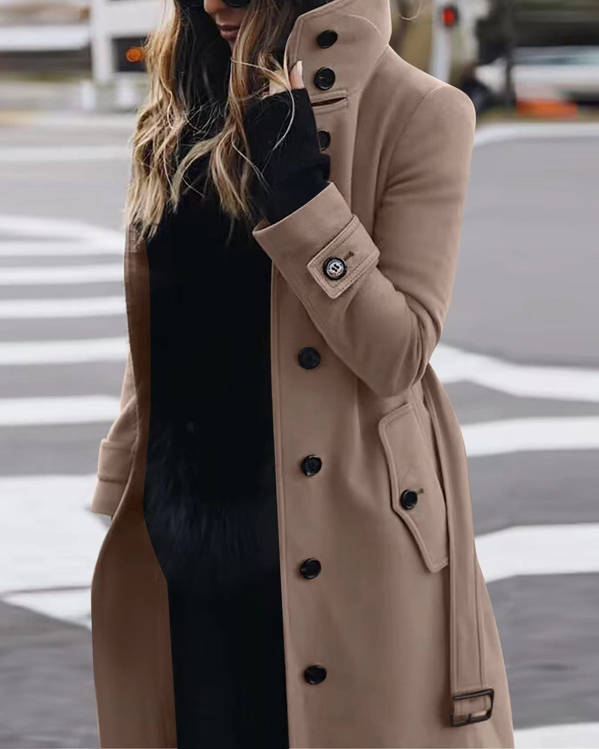 Double Breasted Longline Belted Coat - Khaki
