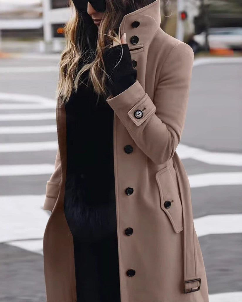 Double Breasted Longline Belted Coat - Khaki - 1