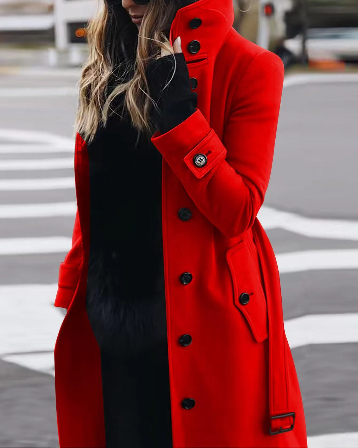 Double Breasted Longline Belted Coat - Red