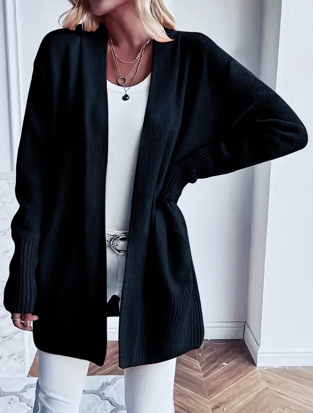 Slouchy Open Front Pocket Knit Cardigan - Black
