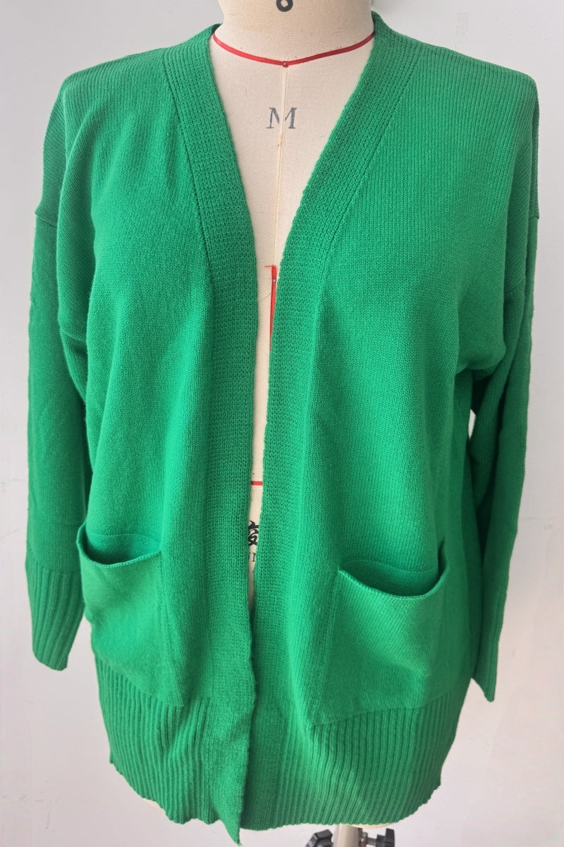 Slouchy Open Front Pocket Knit Cardigan - Green - 1